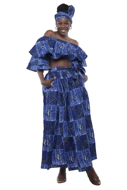 0048 - Blue Adinkra Print African Skirt Set - Image 4