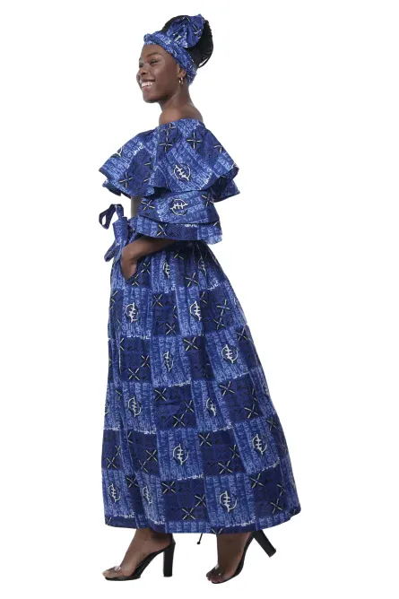 0048 - Blue Adinkra Print African Skirt Set - Image 3