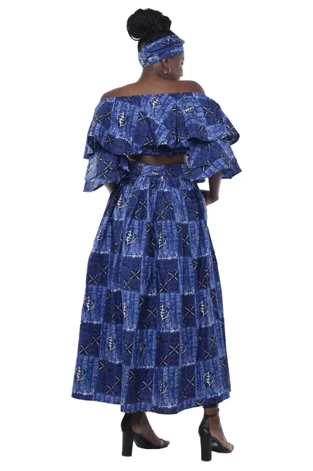 0048 - Blue Adinkra Print African Skirt Set - Image 2