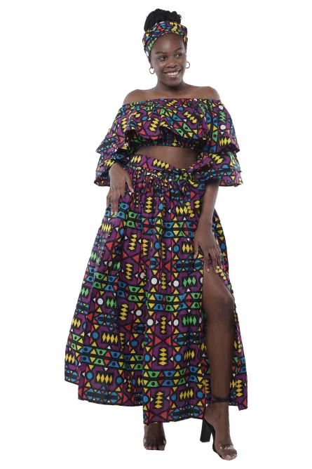 0048 - Multi Color African Crop Top and Slit Skirt Set - Image 2
