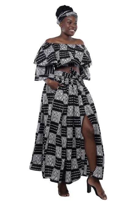 0048 - Black & White African Crop Top w Slit Skirt Set - Image 2