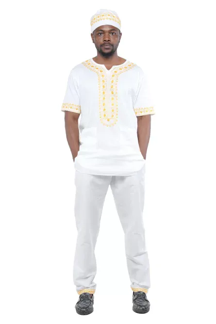 03 -Men’s White & Gold Embroidered Cotton Pant Set (Large)