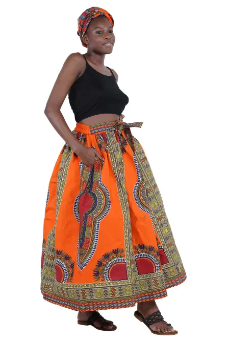 0050 - Orange Dashiki Maxi Skirt Set - Image 2