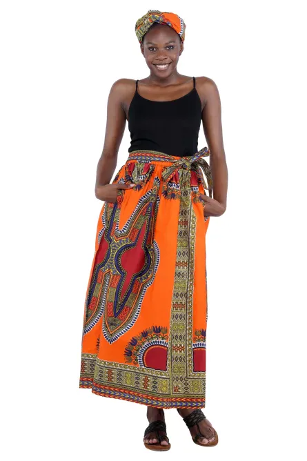0050 - Orange Dashiki Maxi Skirt Set - Image 4