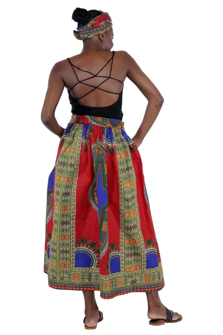 0050 - Red Dashiki Maxi Skirt & Handbag Set - Image 3