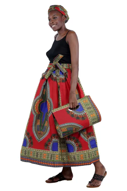 0050 - Red Dashiki Maxi Skirt & Handbag Set - Image 4