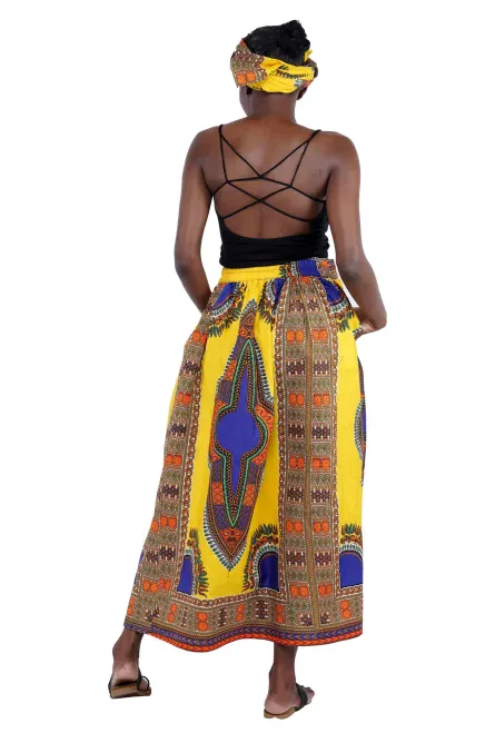 0050 - Yellow Dashiki Maxi Skirt & Handbag Set - Image 3