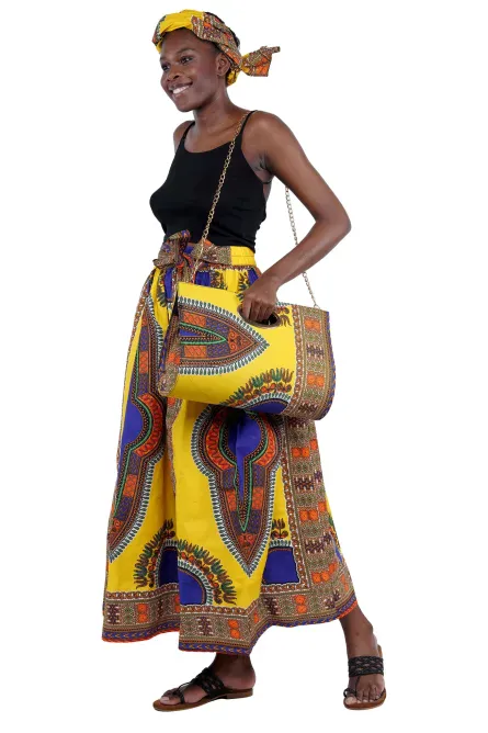 0050 - Yellow Dashiki Maxi Skirt & Handbag Set - Image 4
