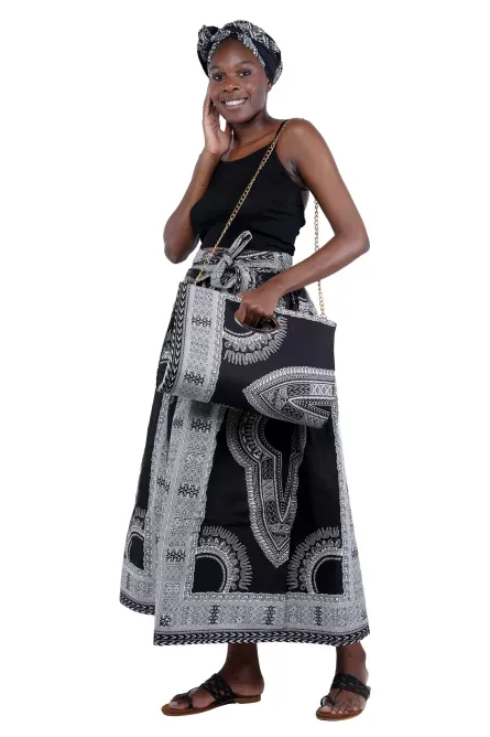 0050 - Black White Dashiki Maxi Skirt & Handbag Set - Image 3
