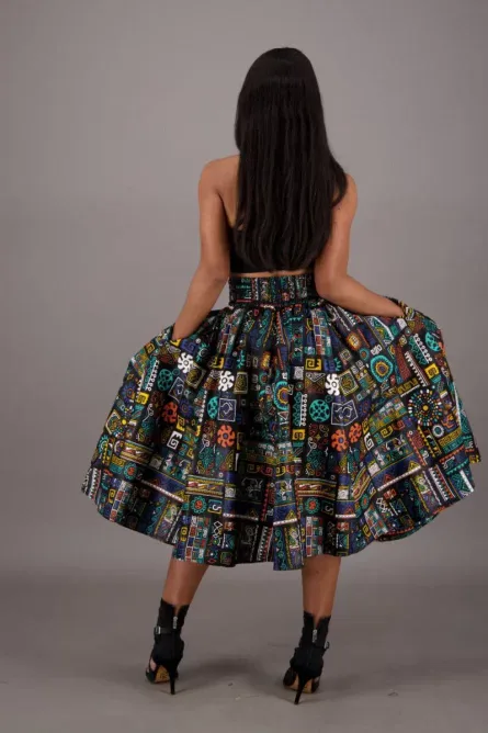 0042 - Tribal Patchwork Ankara Midi Skirt - Image 2