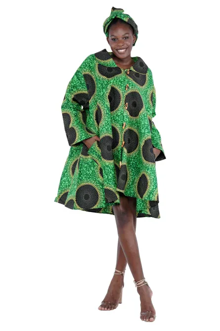 0006 - Emerald Eclipse Ankara Swing Dress - Image 3