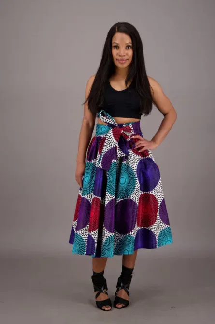 0042 - Multicolor Circle Print Ankara Midi Skirt - Image 2