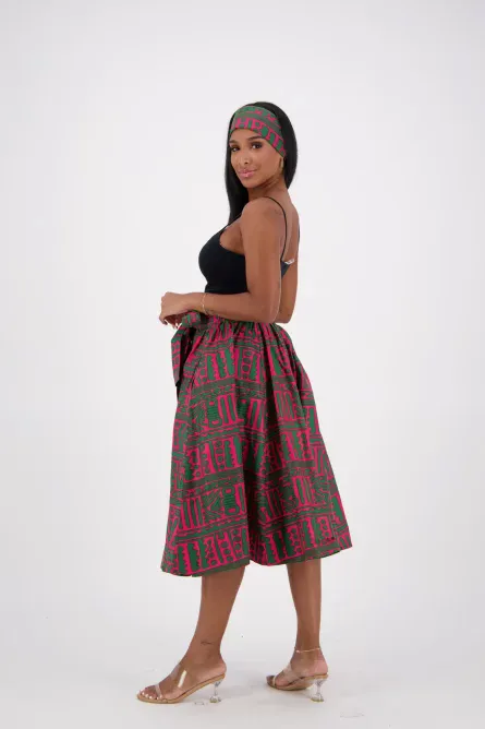0042 - Pink and Green Ankara Print Midi Skirt - Image 2