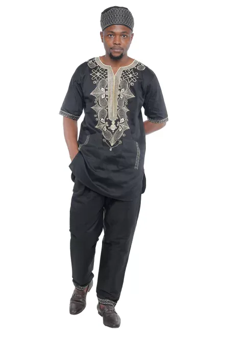 07 - Black Embroidered 3-Piece African Men’s Set