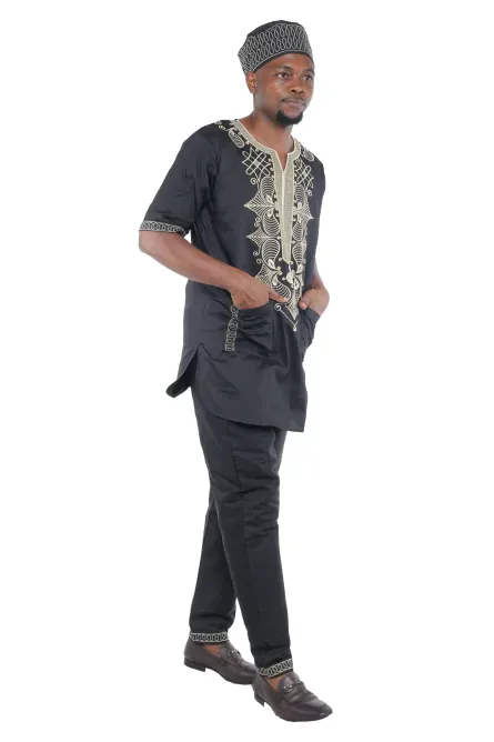 07 - Black Embroidered 3-Piece African Men’s Set - Image 2
