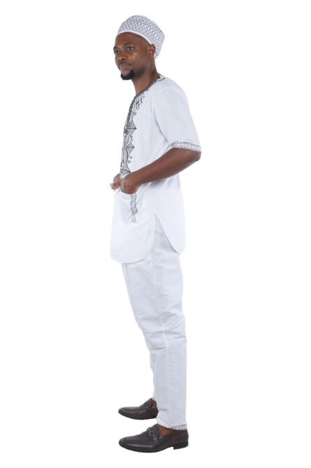 07 - White Embroidered 3-Piece African Men’s Set - Image 4
