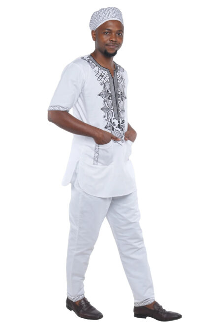 07 - White Embroidered 3-Piece African Men’s Set - Image 2