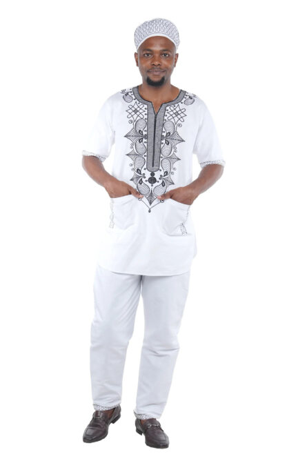 07 - White Embroidered 3-Piece African Men’s Set