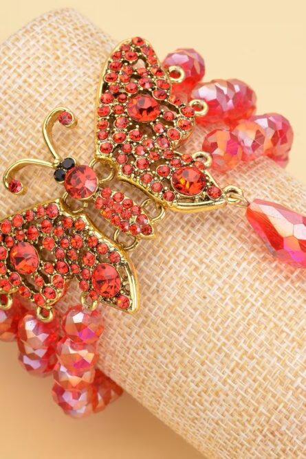 302 - Scarlet Monarch Butterfly Crystal Stretch Bracelet – Goldtone - Image 2