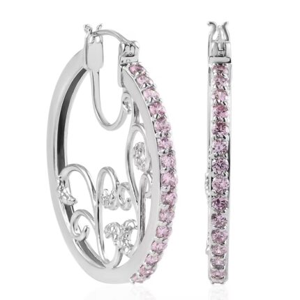 755 - Simulated Pink Diamond Scrollwork Hoop Earrings