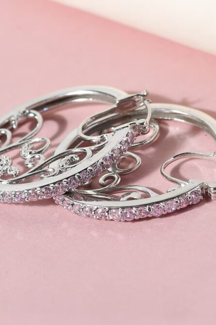 755 - Simulated Pink Diamond Scrollwork Hoop Earrings – Karis Collection - Image 6