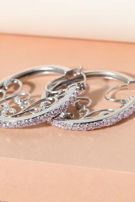 755 - Simulated Pink Diamond Scrollwork Hoop Earrings – Karis Collection - Image 5
