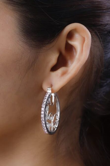 755 - Simulated Pink Diamond Scrollwork Hoop Earrings – Karis Collection - Image 3