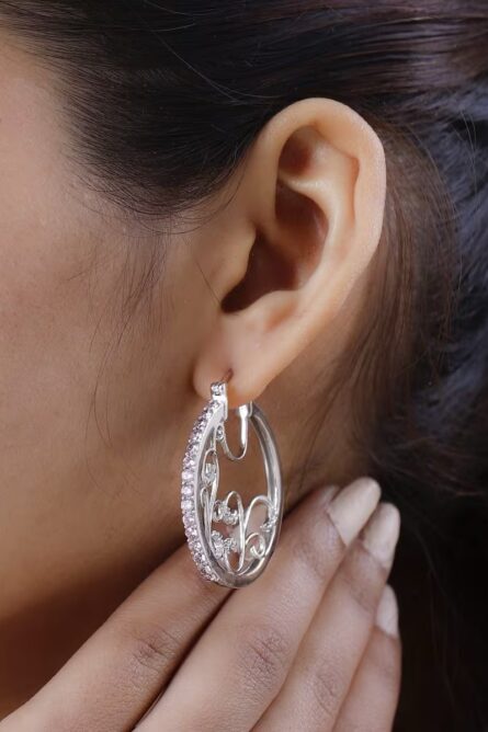 755 - Simulated Pink Diamond Scrollwork Hoop Earrings – Karis Collection - Image 4
