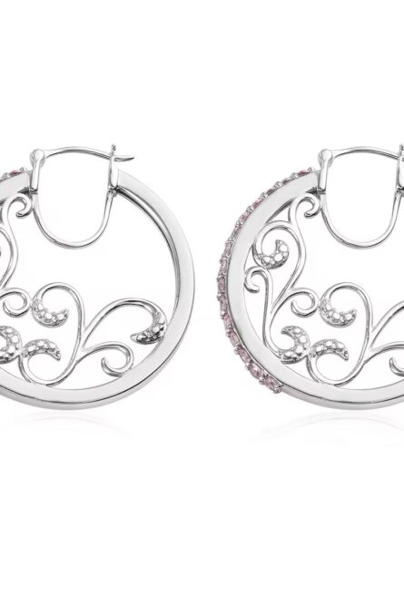 755 - Simulated Pink Diamond Scrollwork Hoop Earrings – Karis Collection - Image 2