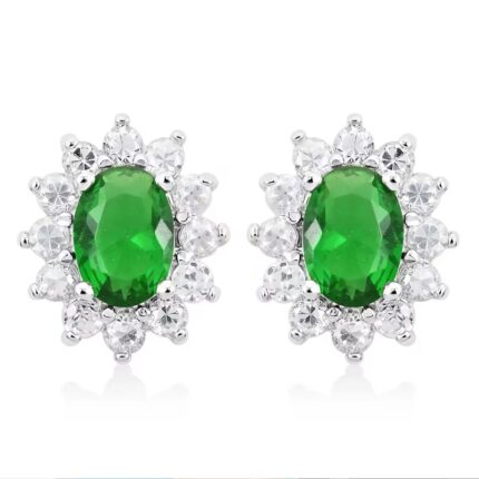 73 - Simulated Emerald & Diamond Sunburst Stud Earrings