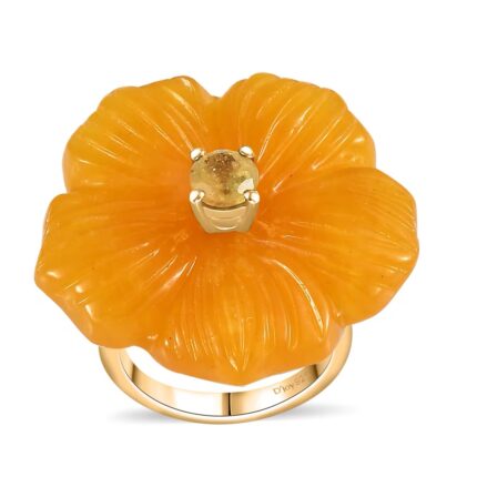 💍🌸🌿Golden Bloom Jade & Sapphire Floral Ring