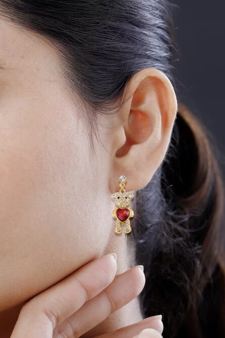 71 - Red Heart Teddy Bear Crystal Dangle Earrings - Image 4