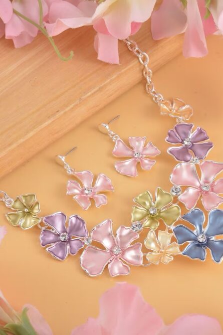 297 - Enamel Flower Necklace and Earrings Set with Austrian Crystals - Image 7