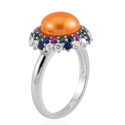 782 - Golden Freshwater Pearl & Simulated Diamond Ring