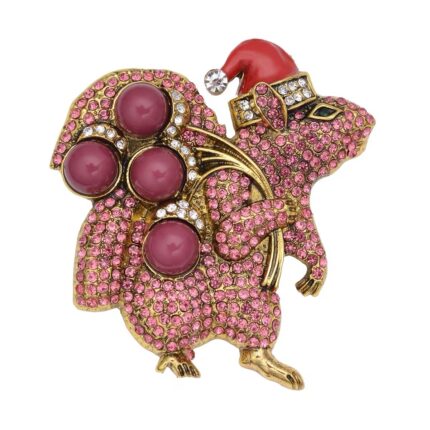 Pink Crystal Santa Squirrel Brooch