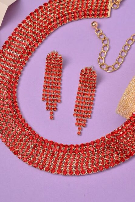 242 - Red Austrian Crystal Collar Necklace & Earrings Set - Image 6