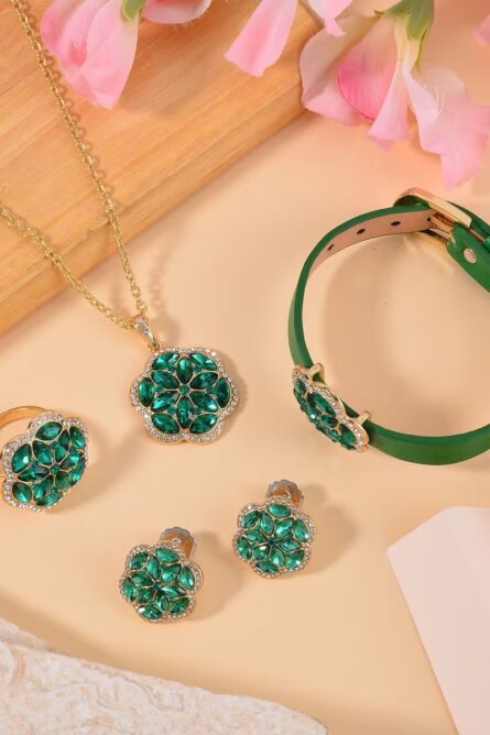 48 - Green & White Austrian Crystal Floral Jewelry Set - Image 2