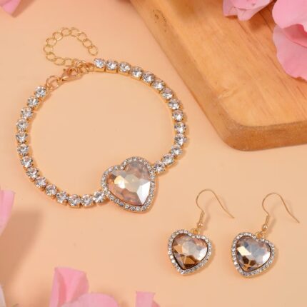 475 - Champagne Glass Heart Bracelet & Earrings Set