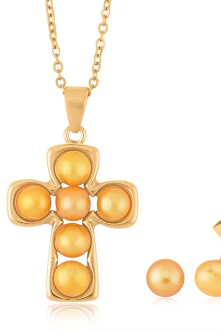 Golden Freshwater Pearl Cross Pendant & Stud Earrings Set - Image 6