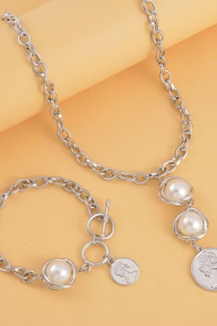 223 - Simulated Pearl Medallion Necklace and Bracelet Set - Image 7