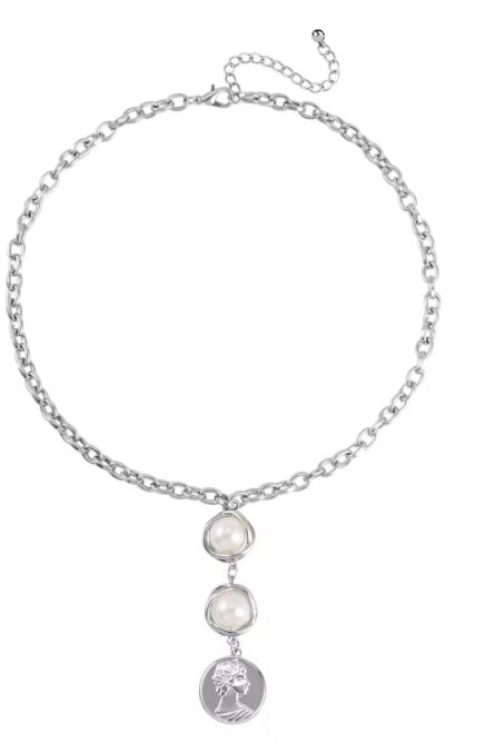 223 - Simulated Pearl Medallion Necklace and Bracelet Set - Image 6