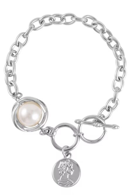 223 - Simulated Pearl Medallion Necklace and Bracelet Set - Image 3