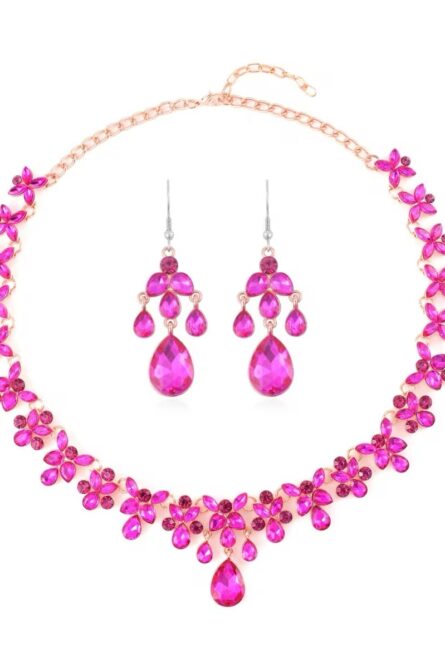 247 - Fuchsia Crystal Floral Necklace Set - Image 3