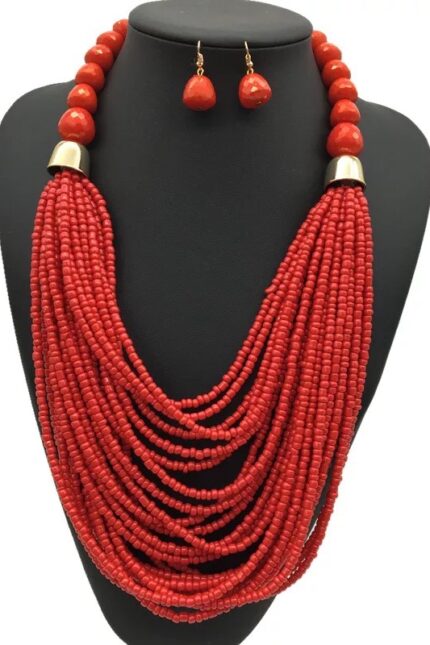 21 - African Multi-Strand Seed Bead Necklace & Earring Set – Deep Red
