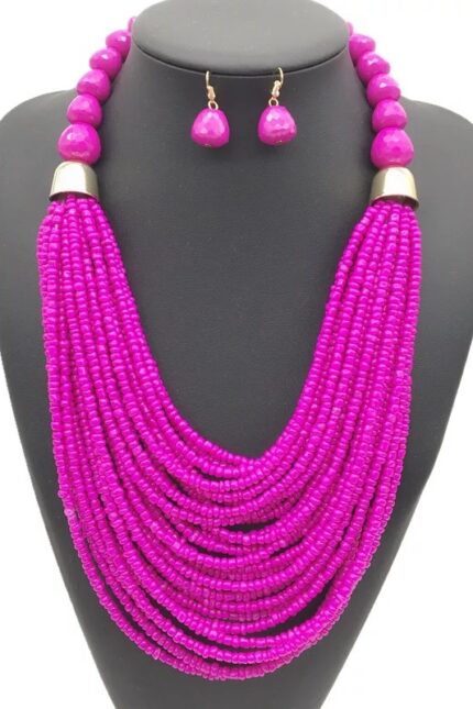 21 - African Multi-Strand Seed Bead Necklace & Earring Set – Fuchsia