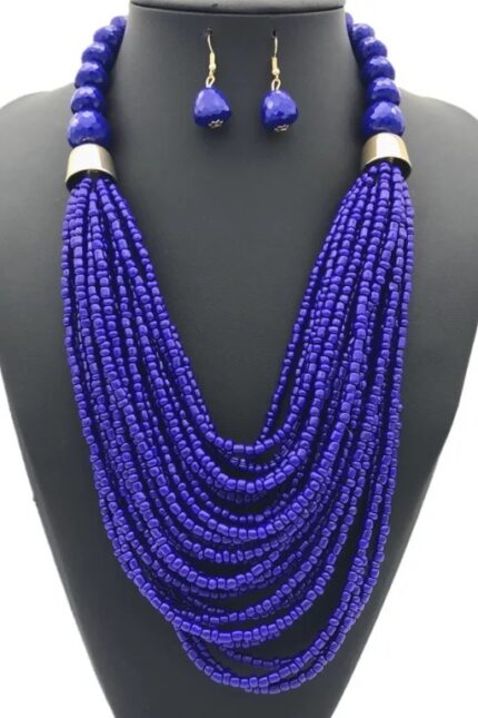 21 - African Multi-Strand Seed Bead Necklace & Earring Set – Blue