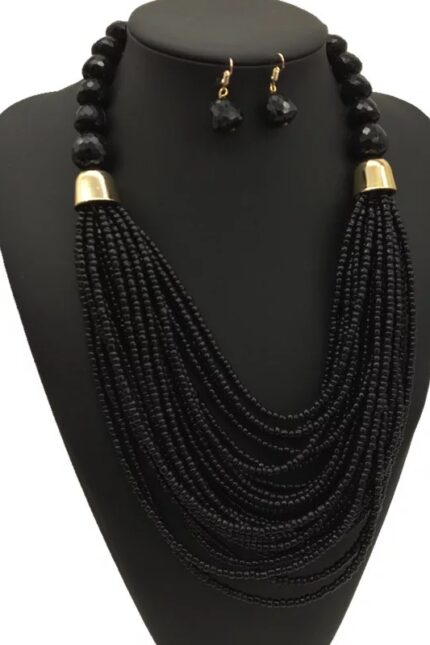 21 - African Multi-Strand Seed Bead Necklace & Earring Set – Black
