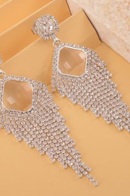 White Crystal Waterfall Dangle Earrings - Image 4