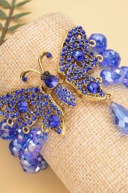 303 - Sapphire Monarch Butterfly Crystal Stretch Bracelet – Goldtone - Image 4