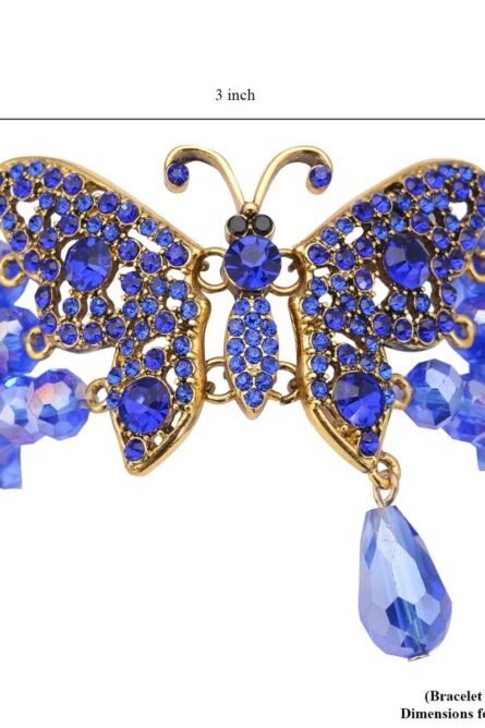 303 - Sapphire Monarch Butterfly Crystal Stretch Bracelet – Goldtone - Image 2